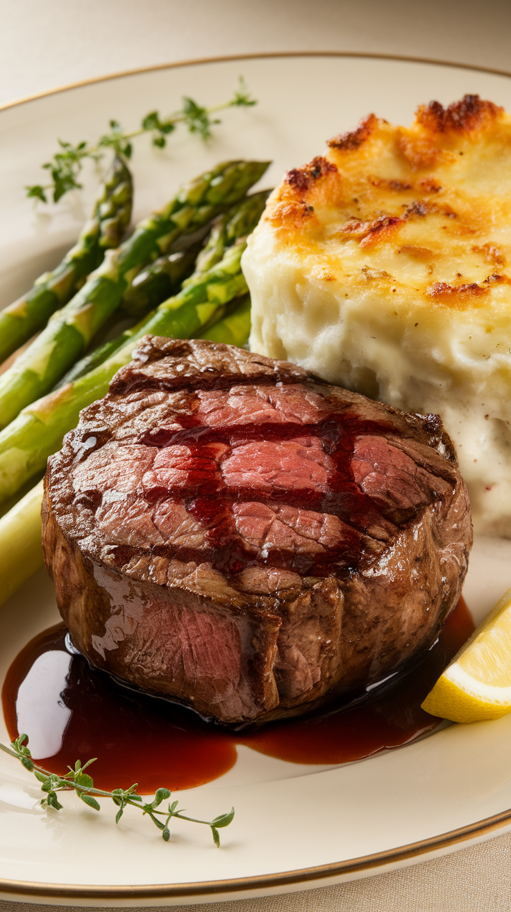 A delicious plate featuring a perfectly grilled steak with asparagus and a creamy side dish.