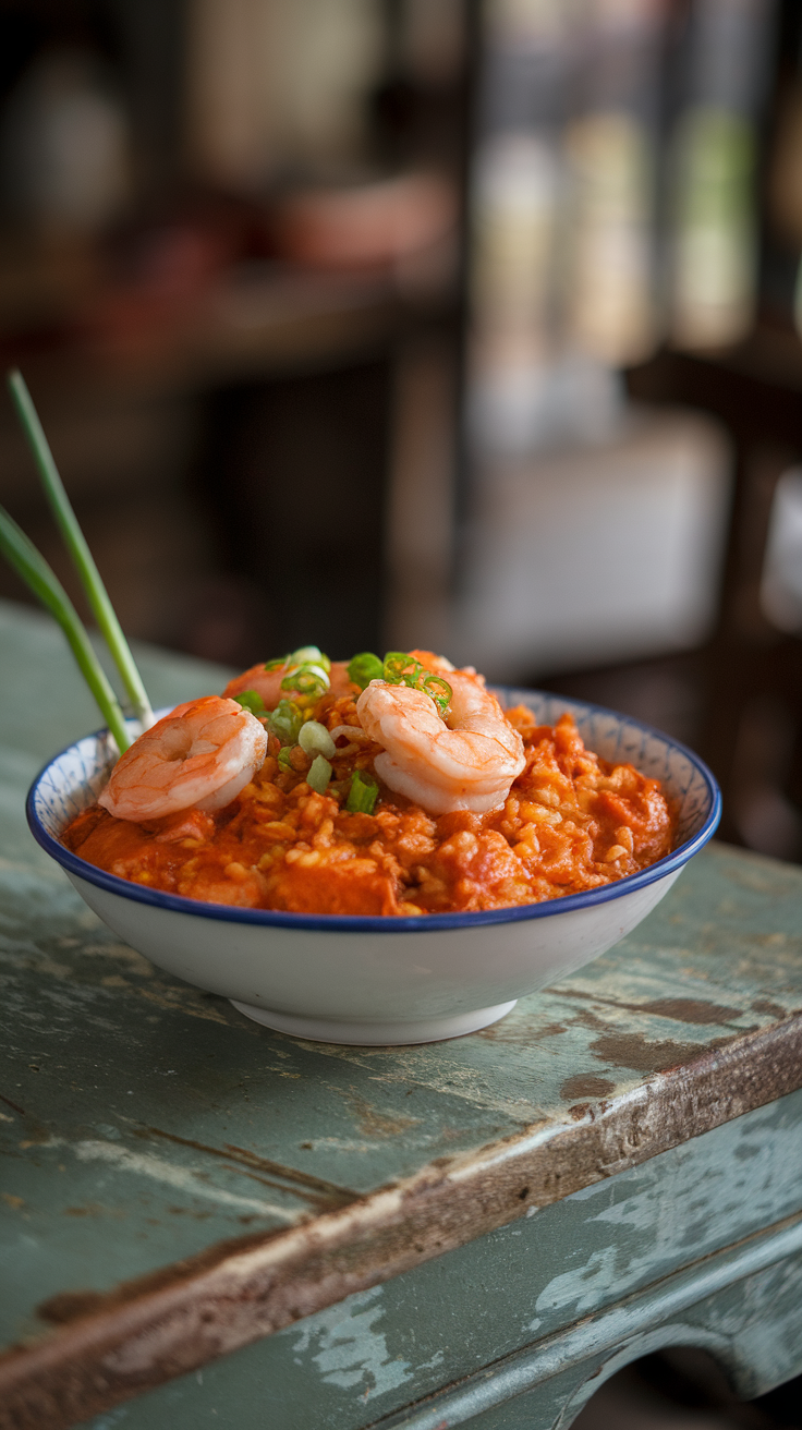 A bowl of shrimp and grits with green onions on top