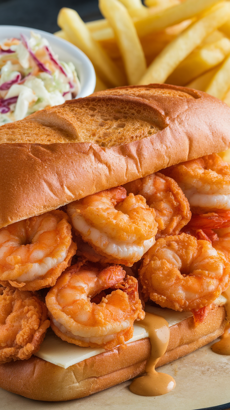 A shrimp sandwich with crispy shrimp, served with fries and coleslaw.