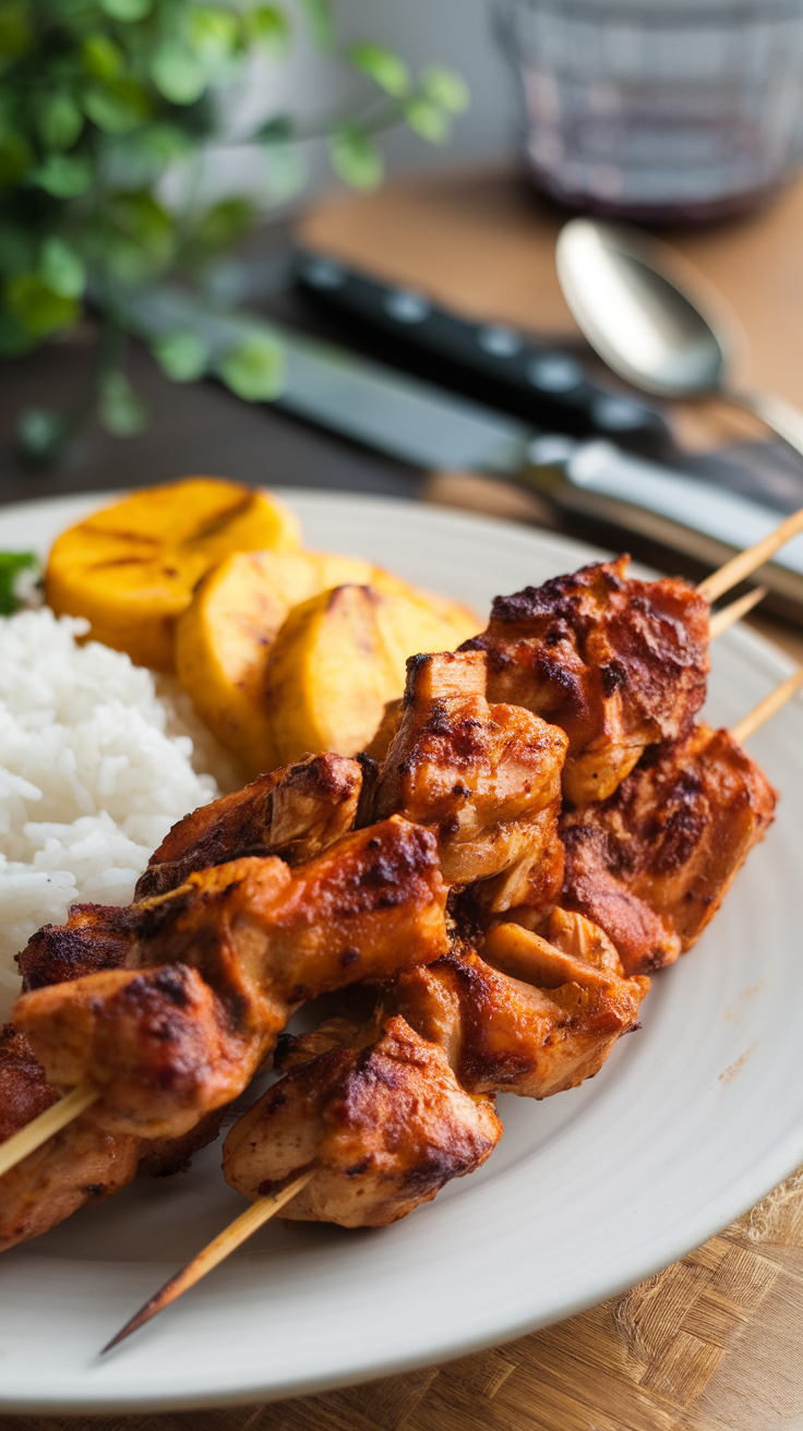 Delicious grilled chicken skewers with rice and plantains