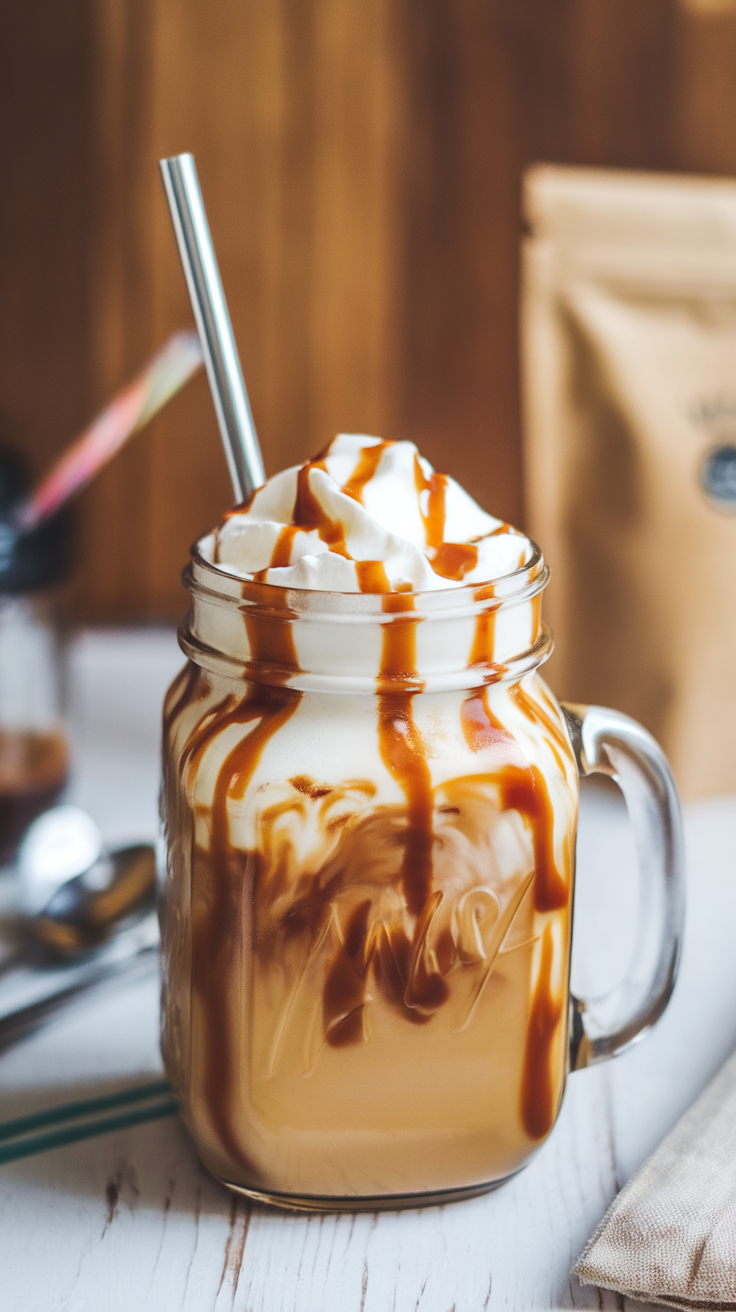 A delicious coffee drink topped with whipped cream and caramel drizzle in a jar