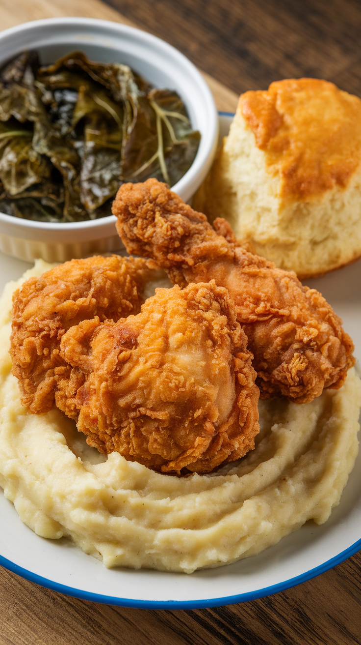 A delicious plate of fried chicken with mashed potatoes, collard greens, and a biscuit.