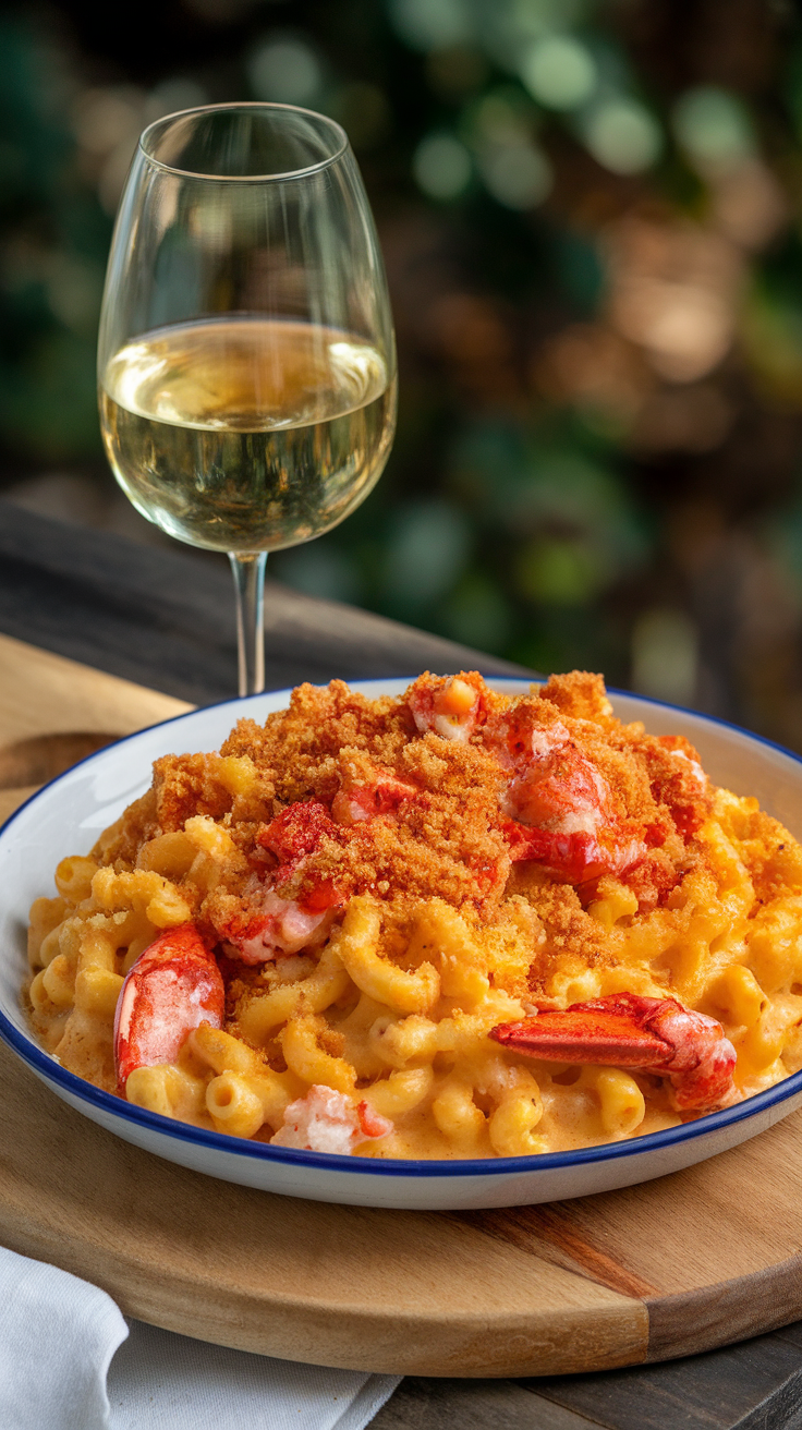 Plate of lobster mac and cheese with a glass of white wine