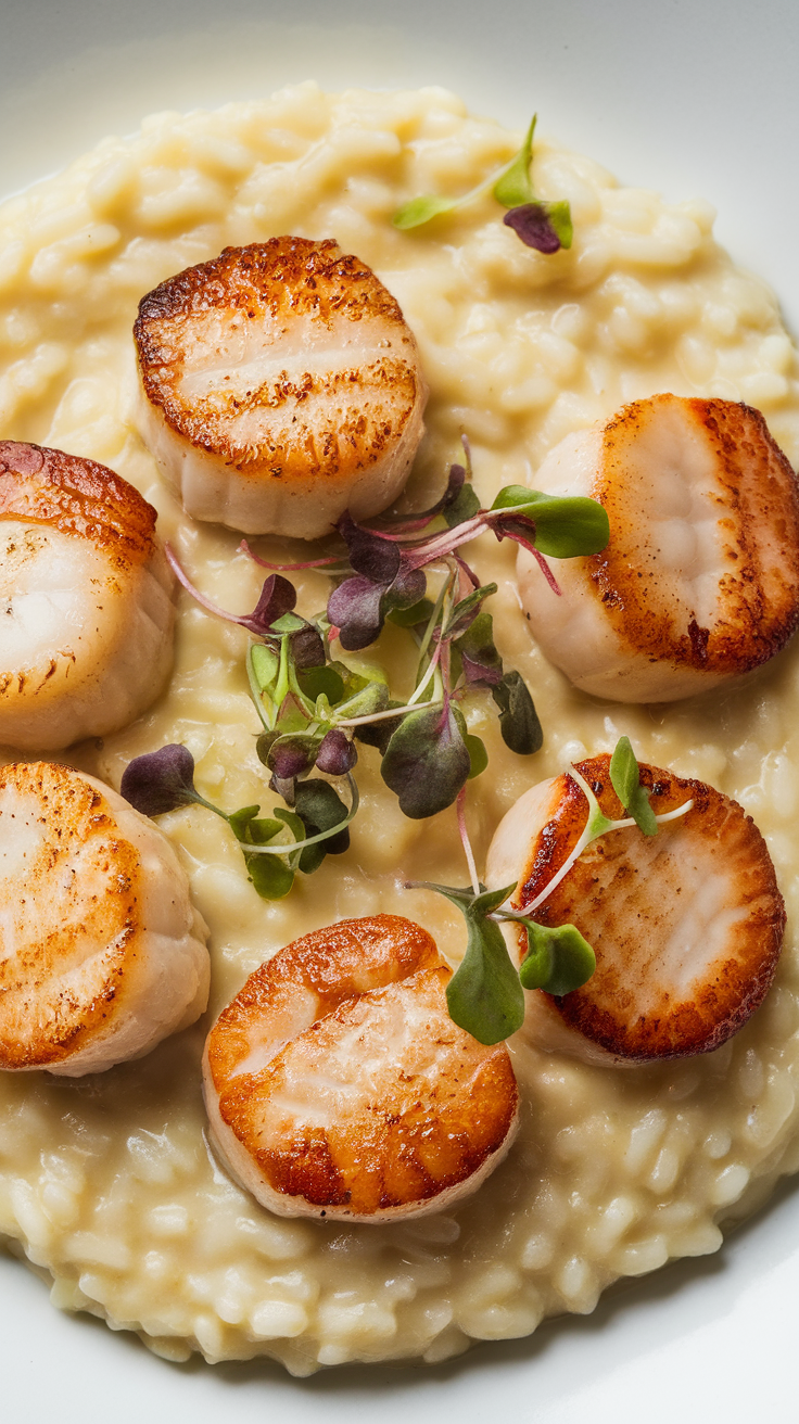 A plate of creamy risotto with seared scallops garnished with microgreens