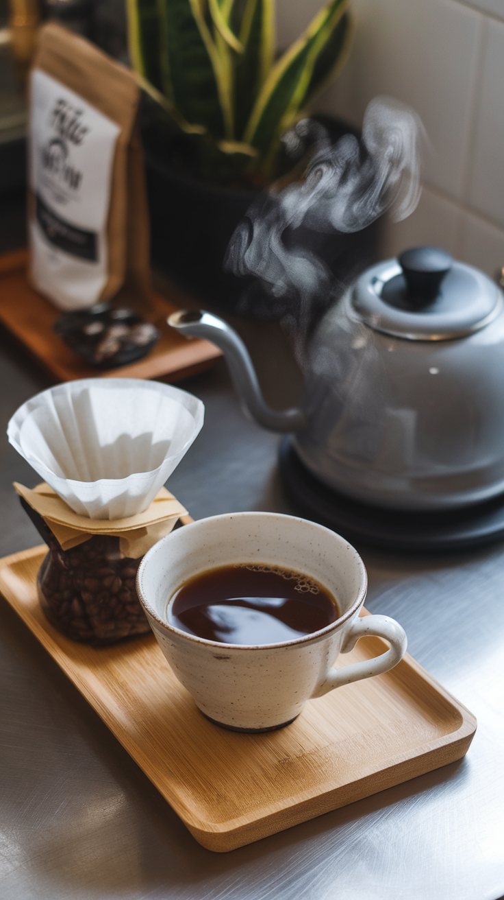 A steaming cup of coffee on a wooden tray with a coffee filter and kettle in the background.