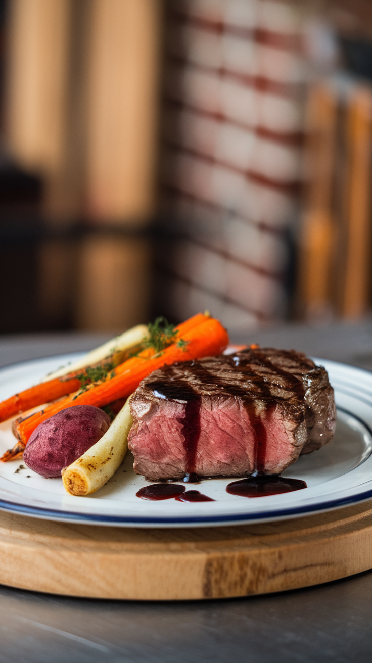 A beautifully plated steak with vegetables at River & Fort Restaurant.