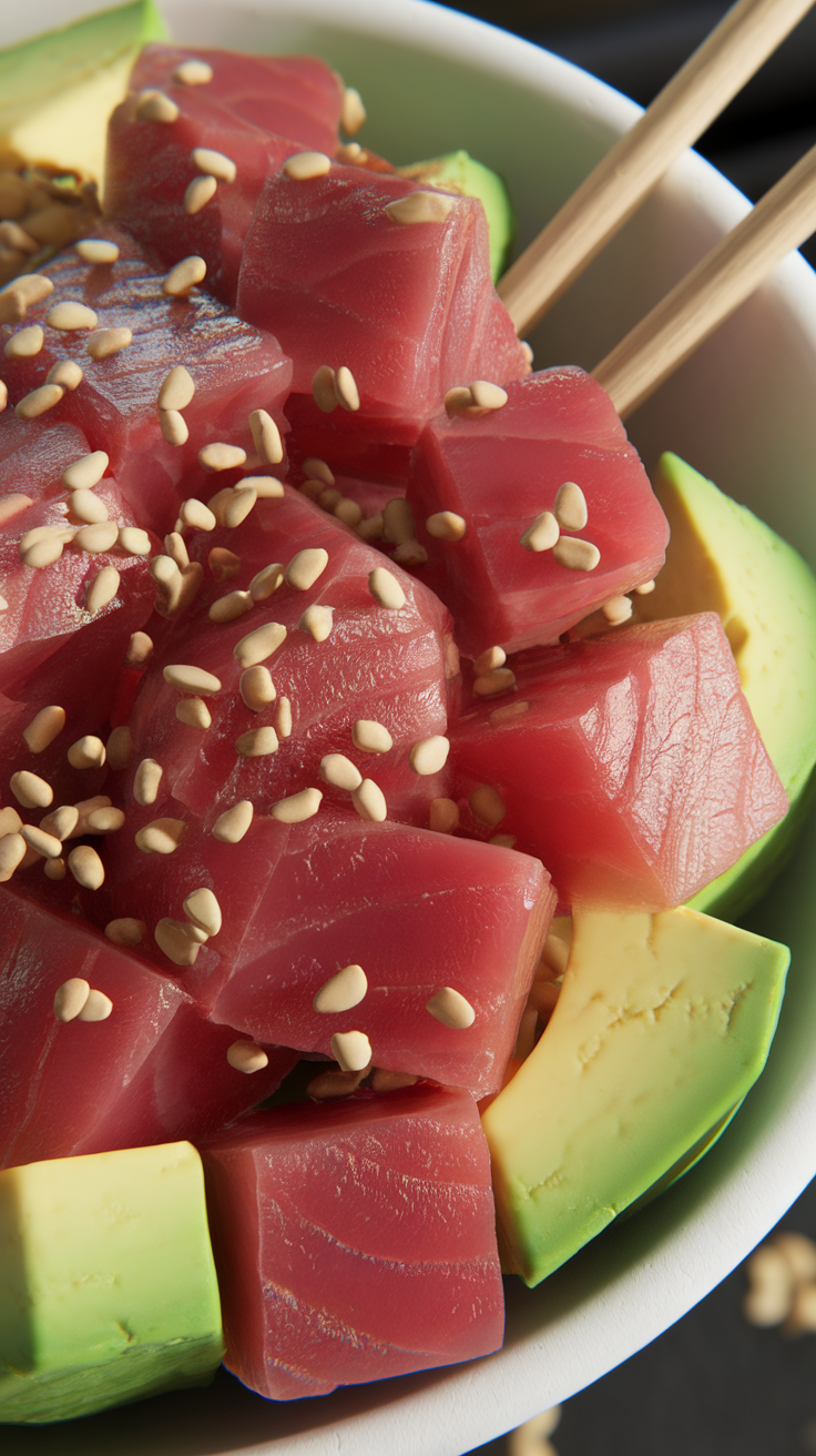 A close-up of a poke bowl with fresh tuna, avocado, and sesame seeds.