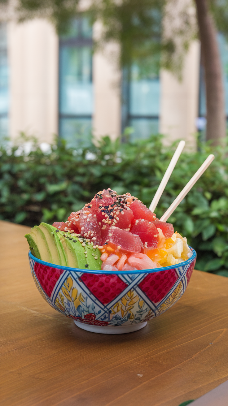 A colorful poke bowl with fresh tuna and avocado served with chopsticks