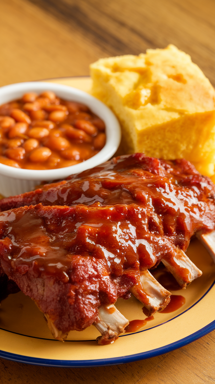 Delicious BBQ ribs with cornbread and baked beans on a plate