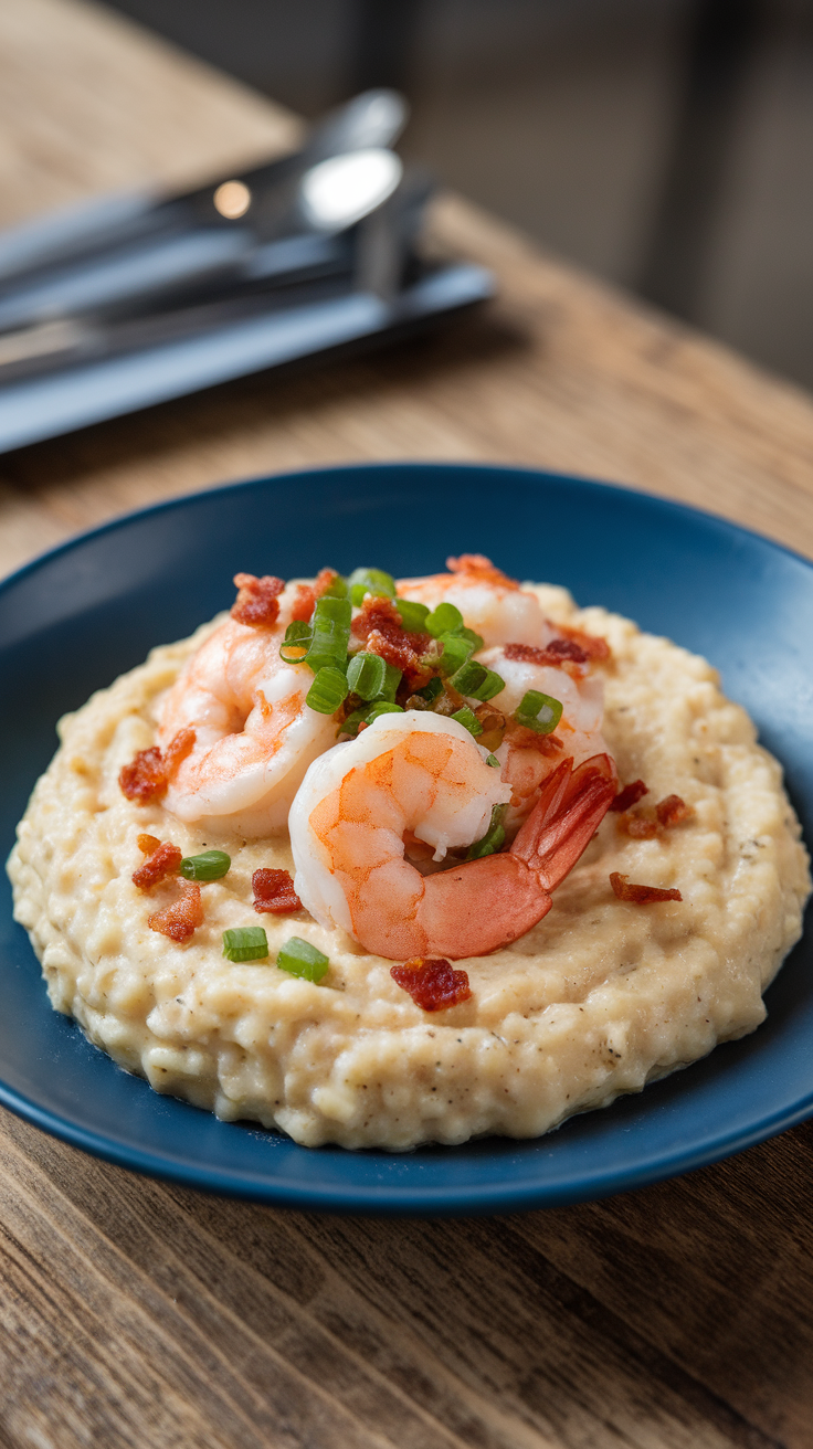 A plate of shrimp and grits topped with green onions and bacon