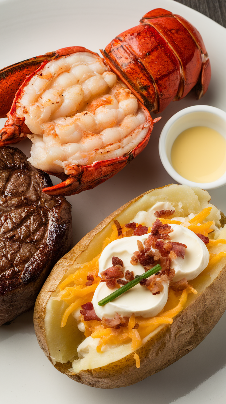 A plate featuring a lobster tail with melted butter and a baked potato.