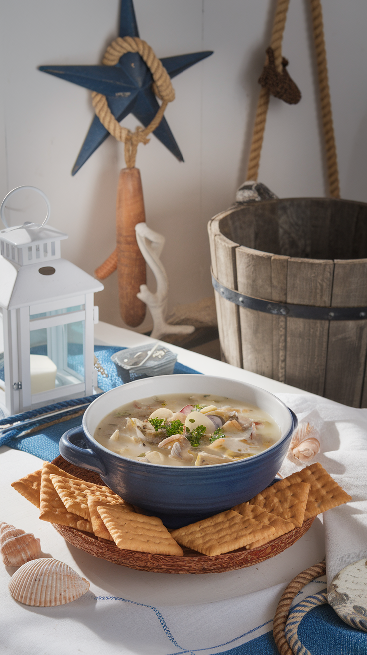 A bowl of clam chowder with crackers, surrounded by nautical decor.