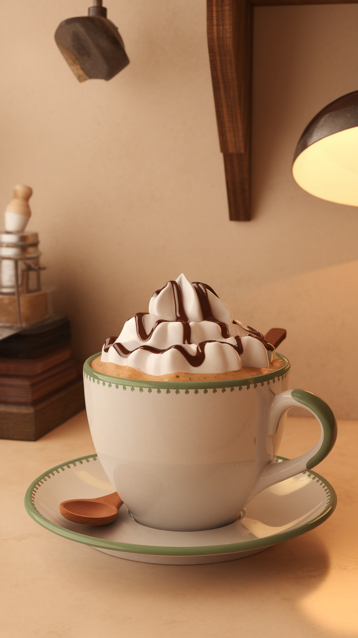 A beautifully crafted cup of coffee topped with whipped cream and chocolate drizzle.