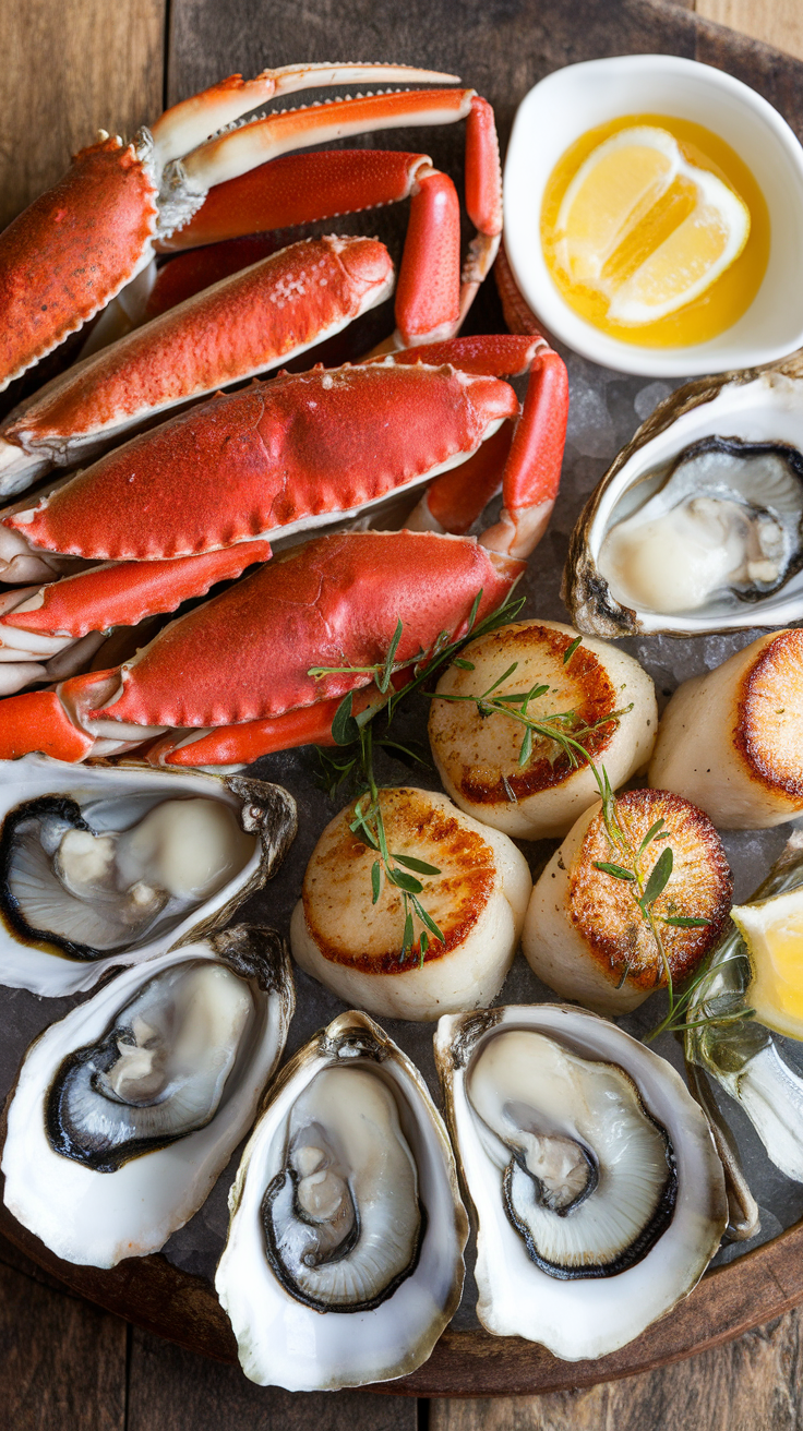 A plate of fresh seafood including shrimp and clams