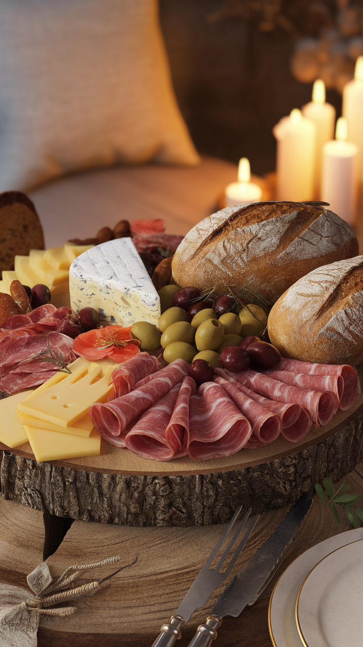 A beautifully arranged charcuterie board with various meats, cheeses, bread, and olives.