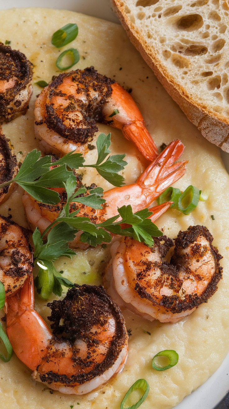 Delicious shrimp and grits with a slice of bread