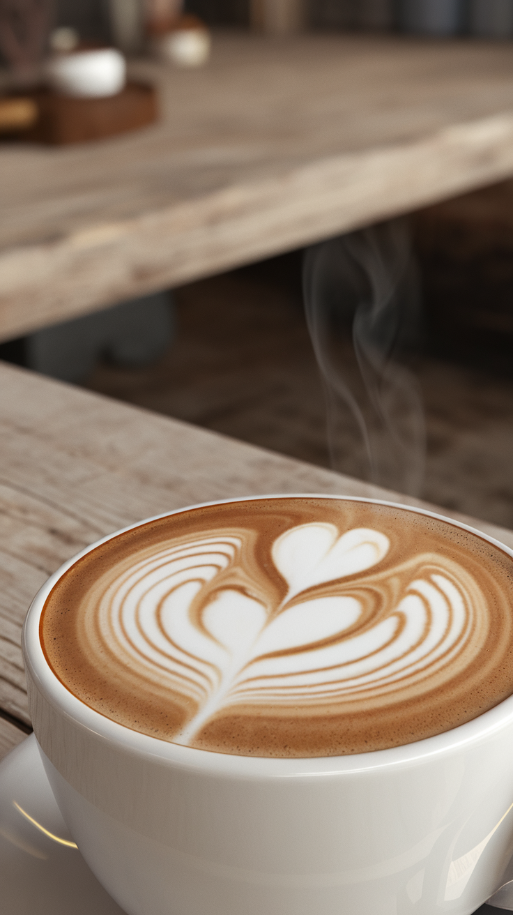 A steaming cup of latte art on a wooden table