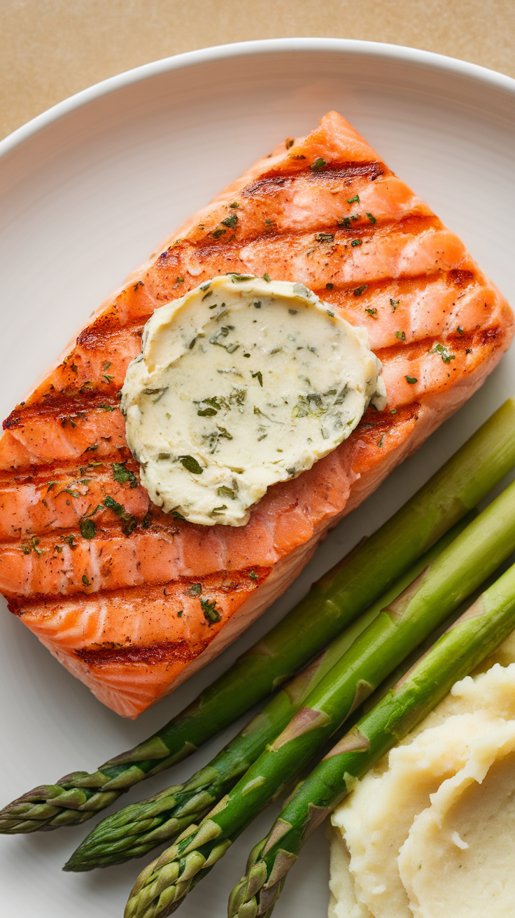 A plate of grilled salmon with herb butter, asparagus, and mashed potatoes.