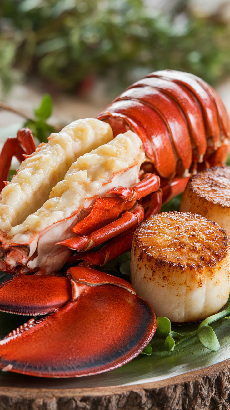 A plate featuring fresh lobster and seared scallops