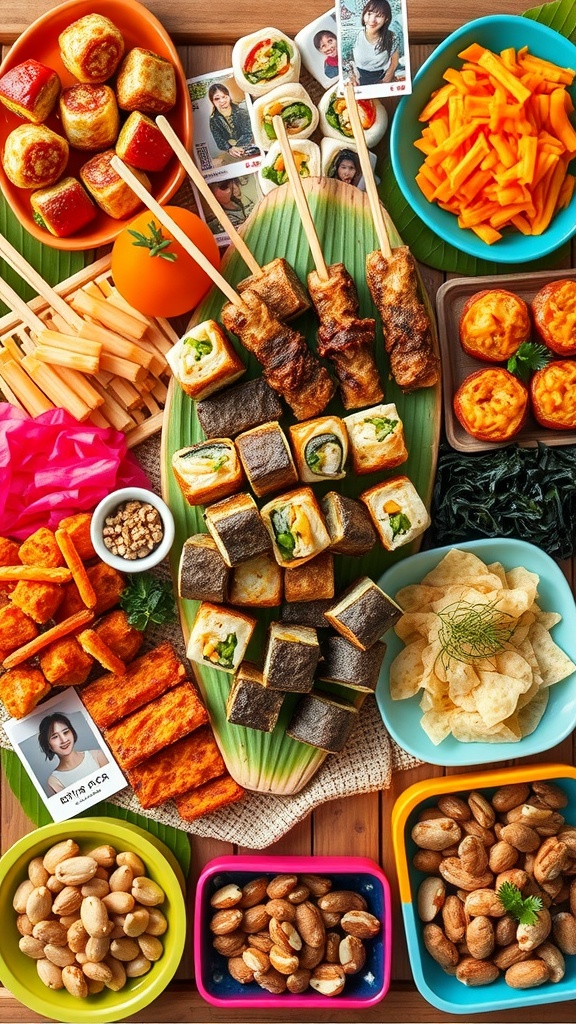 K-Pop Charcuterie board A colorful Korean snack board with bulgogi skewers, kimbap, kimchi, tteokbokki, and K-Pop photo cards.