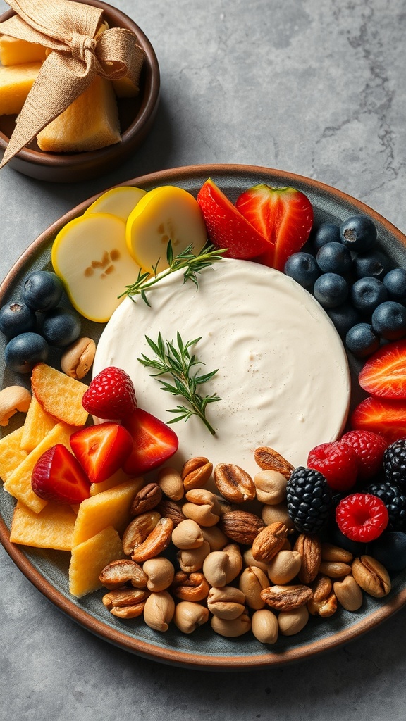 Artisan Vegan Cheese Platter with Cashew Brie, featuring fresh fruits, nuts, and crackers.