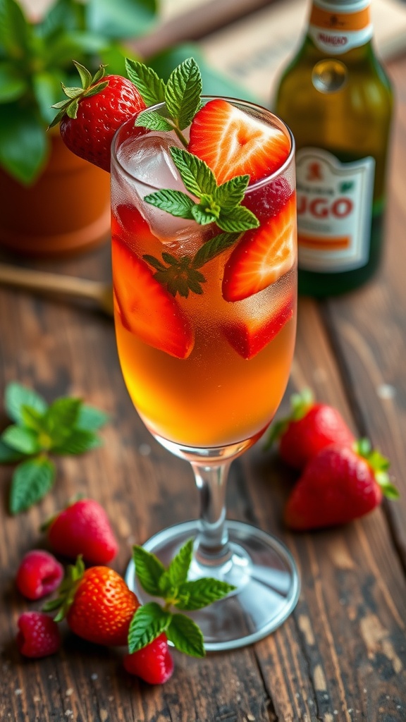 A refreshing Berry Bliss Hugo Spritz cocktail with strawberries, raspberries, and mint