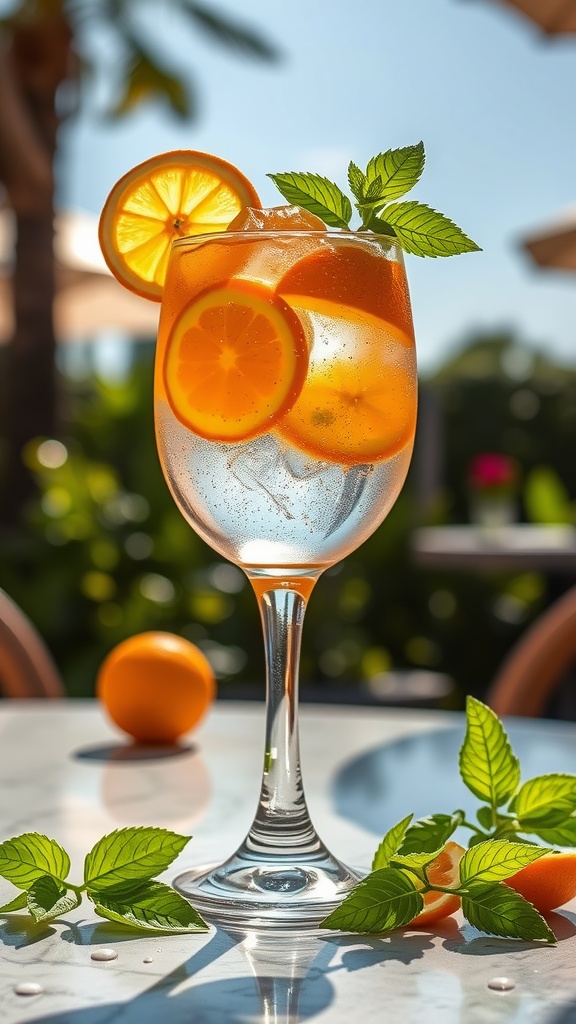 A refreshing Citrus Twist Hugo Spritz cocktail garnished with citrus slices and mint leaves, perfect for summer.