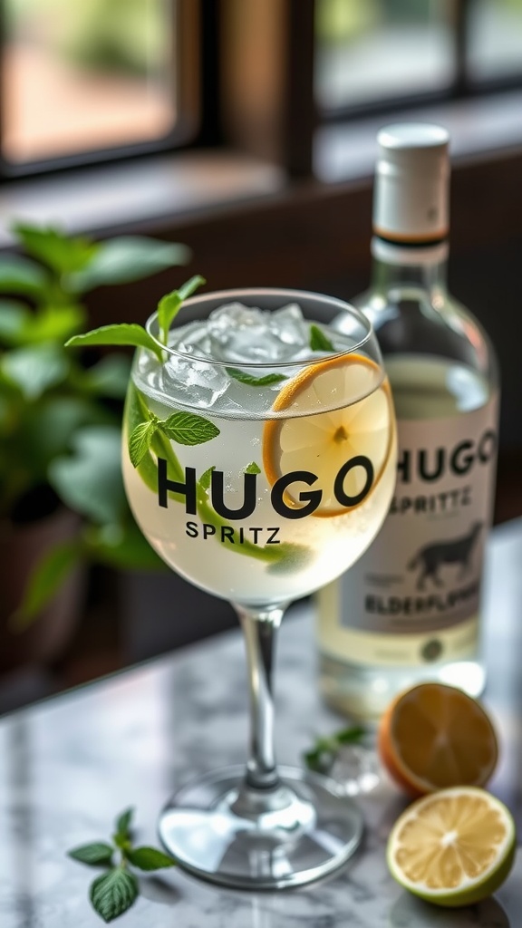 A refreshing glass of Classic Hugo Spritz with mint and lime garnish.