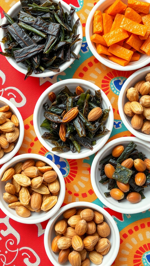 Colorful assortment of crunchy seaweed snacks and roasted nuts in small bowls.