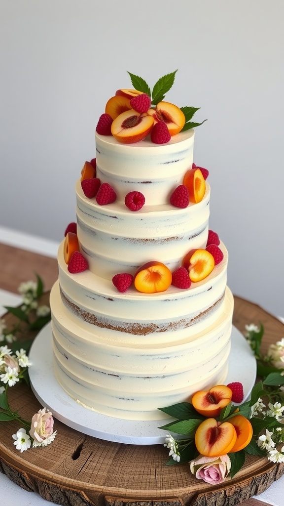 Peach Raspberry Wedding Cake with Honey Cream Frosting Three-layer wedding cake with peach and raspberry filling, topped with honey cream cheese frosting, decorated with fresh fruit.