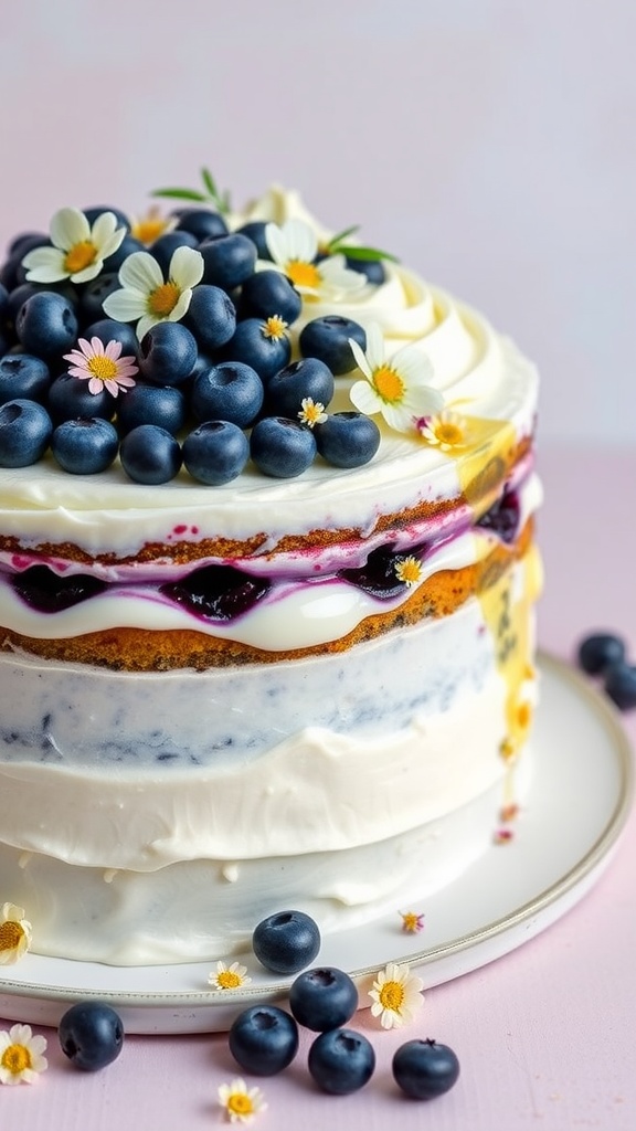 Lemon elderflower cake with blueberry compote and elderflower buttercream, garnished with blueberries and flowers.