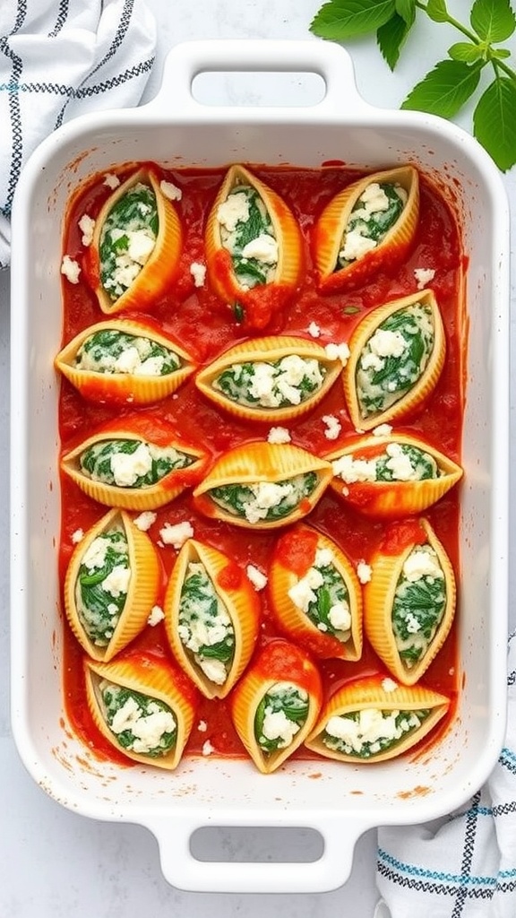A baking dish filled with spinach and feta stuffed shells in marinara sauce.