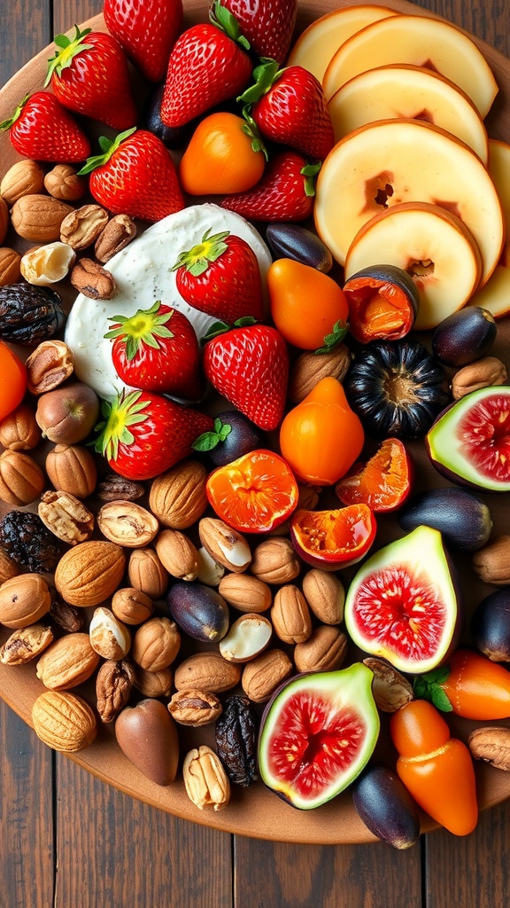 A vibrant vegan charcuterie board featuring dried apricots, figs, strawberries, nuts, vegan cheeses, and crackers.