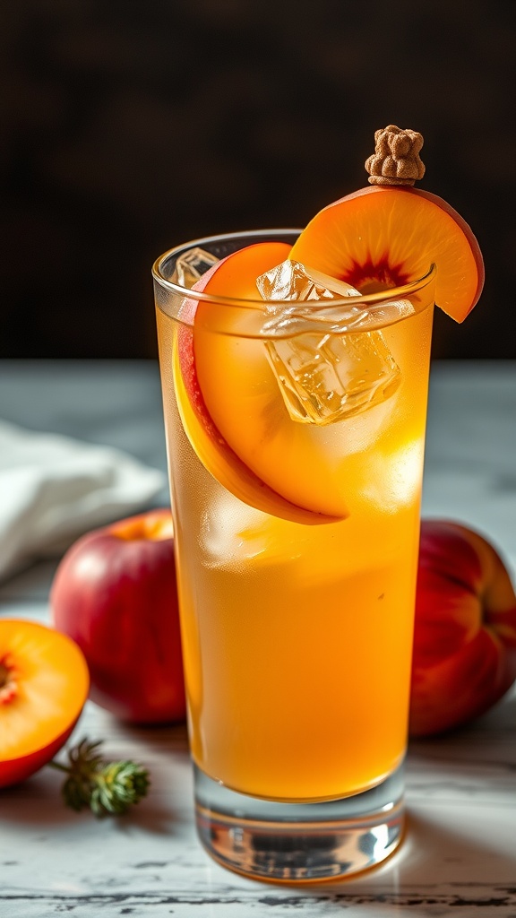 A refreshing Ginger Peach Hugo Spritz cocktail garnished with fresh peach and mint leaves.