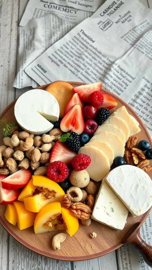 A beautifully arranged vegan charcuterie board featuring vegan cheeses, fresh and dried fruits, nuts, crackers, and spreads.