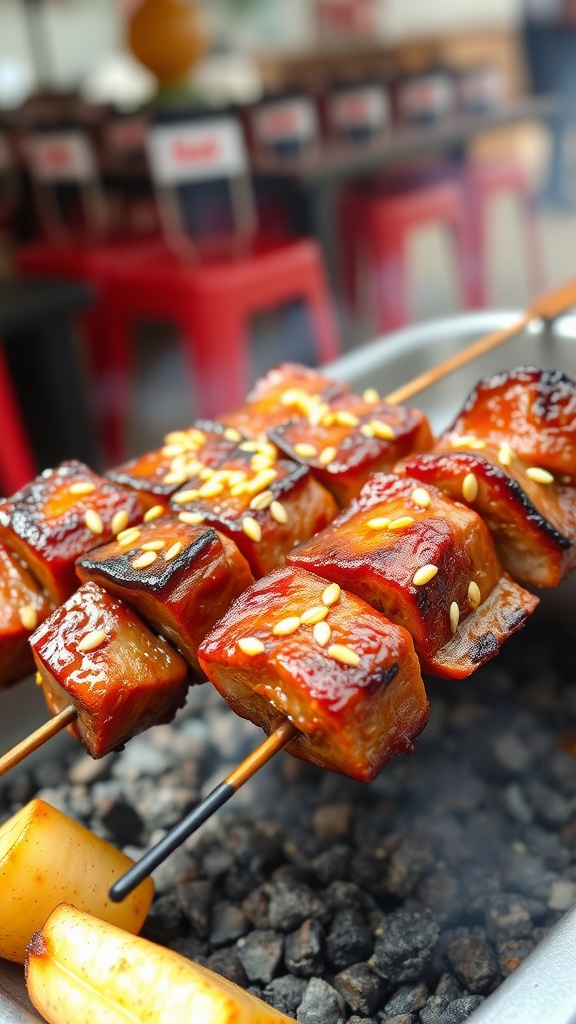 Deliciously grilled bulgogi beef skewers on a skewer with sesame seeds and garnishes.