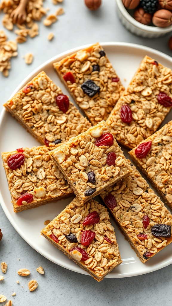 Plate of homemade granola bars topped with dried fruits and nuts