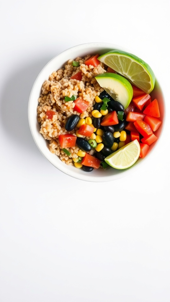 A bowl of quinoa and black bean salad with corn, tomatoes, and lime wedges