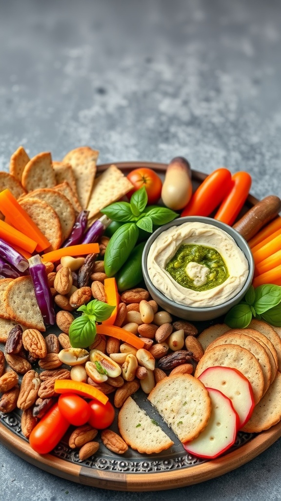 A vibrant vegan charcuterie board featuring hummus, pesto, fresh vegetables, nuts, and crackers.