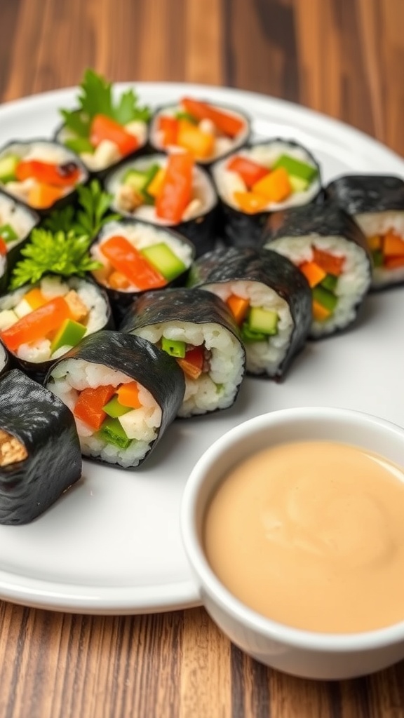 Colorful mini kimbap rolls filled with fresh vegetables on a plate.
