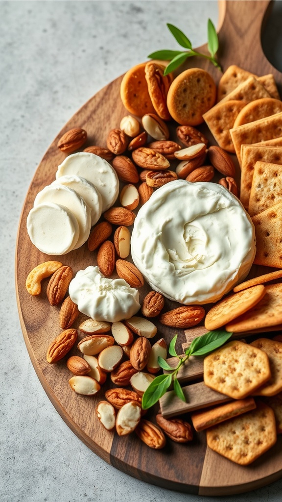 A beautifully arranged vegan charcuterie board featuring plant-based cheeses, deli slices, fresh and dried fruits, nuts, crackers, and dips.