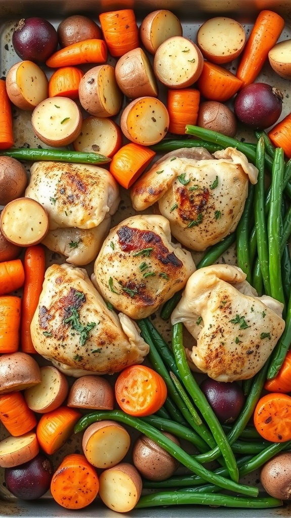 A delicious one-pan meal featuring garlic herb chicken thighs surrounded by colorful vegetables.