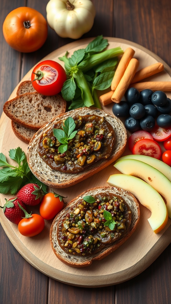 A vegan charcuterie board featuring savory tapenade on bread, fresh vegetables, and assorted crackers.