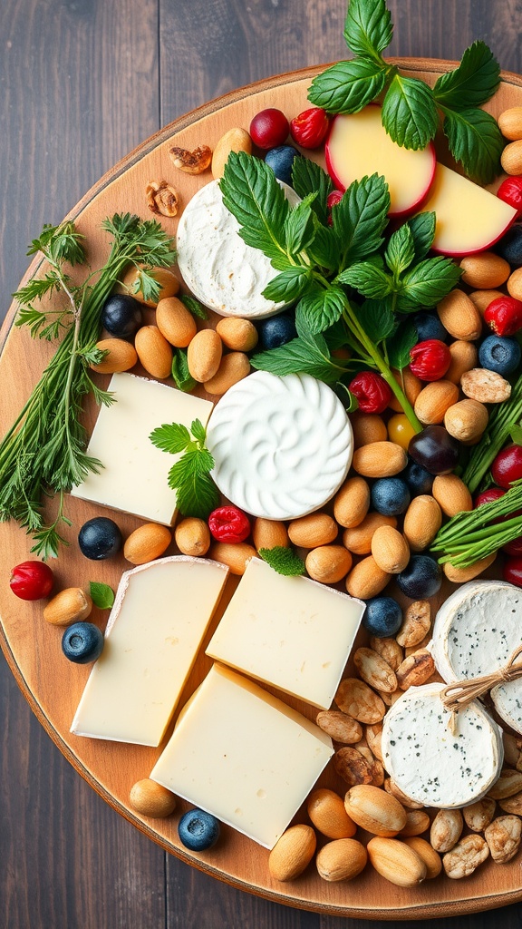 A vibrant vegan charcuterie board featuring plant-based cheeses, deli slices, fresh and dried fruits, nuts, crackers, and fresh herbs.