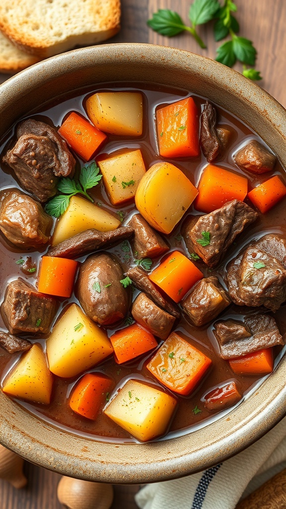 A bowl of slow cooker beef stew with root vegetables, featuring tender beef, carrots, and potatoes.