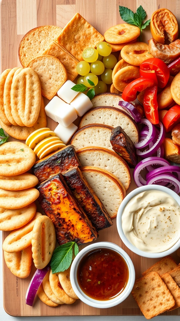 A vibrant vegan charcuterie board featuring smoked tofu, seitan, fresh fruits, nuts, crackers, and dips.