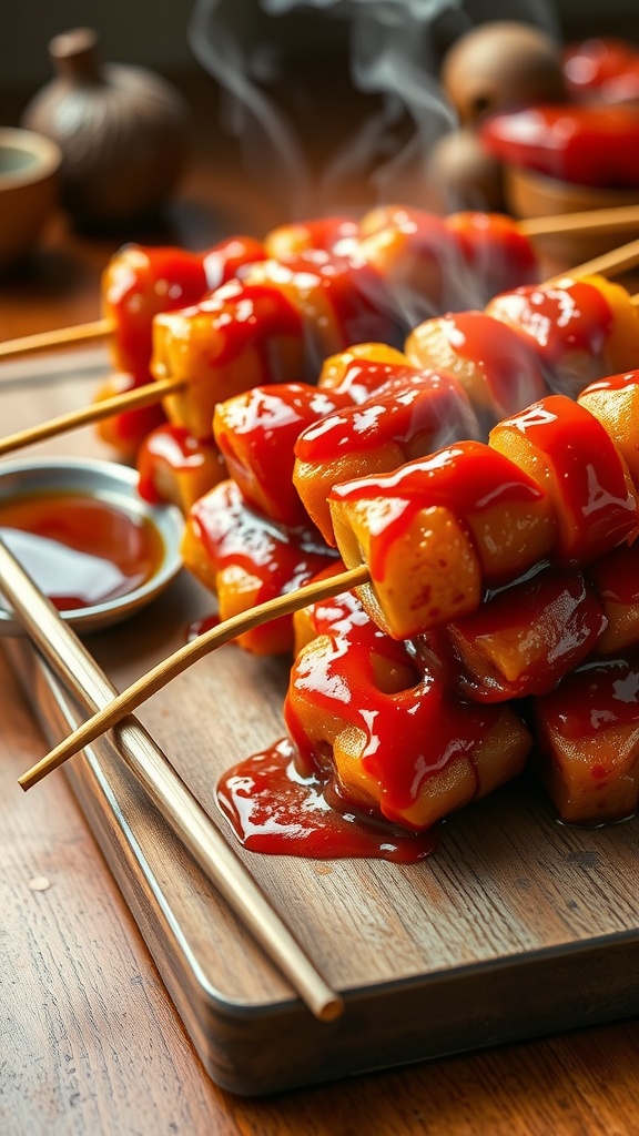 Spicy tteokbokki skewers with a glossy red sauce