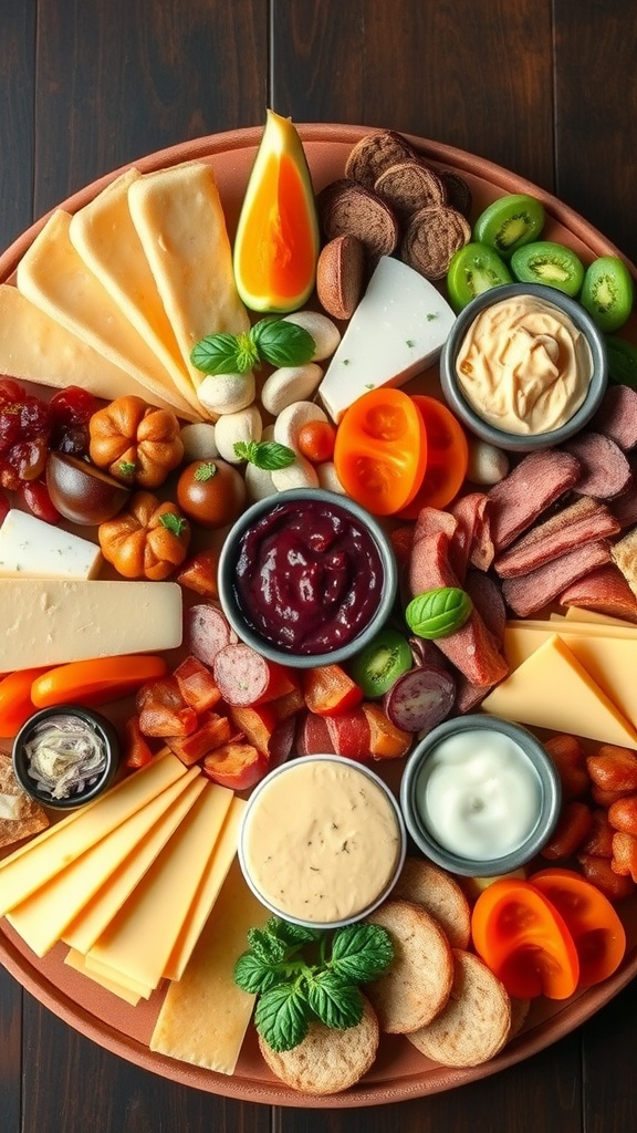 A vibrant vegan charcuterie board featuring plant-based cheeses, deli slices, fresh and dried fruits, nuts, crackers, and dips.