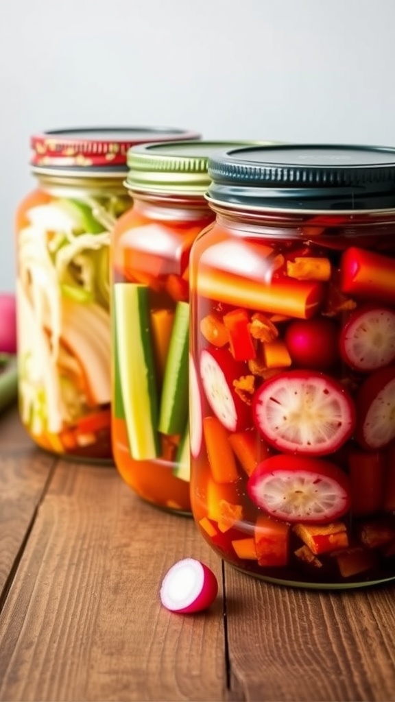 Canned varieties of kimchi including classic, cucumber, and radish.