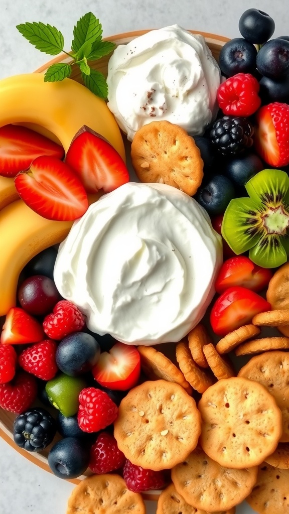 A vibrant vegan charcuterie board featuring whipped almond cheese, fresh fruits, and crackers.
